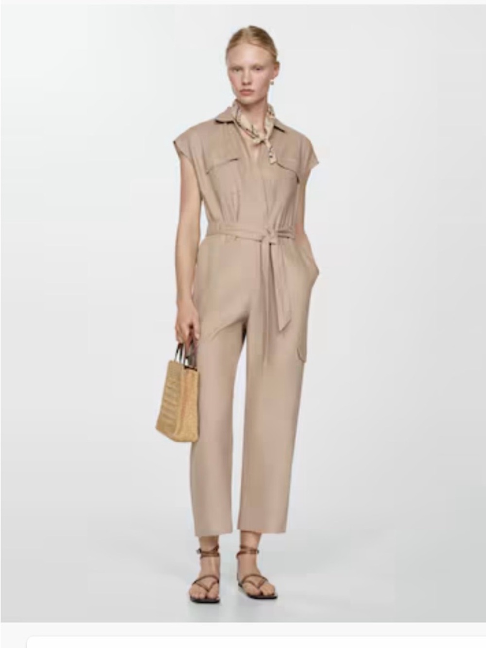 Tie-Waist Utility Jumpsuit in Light Beige